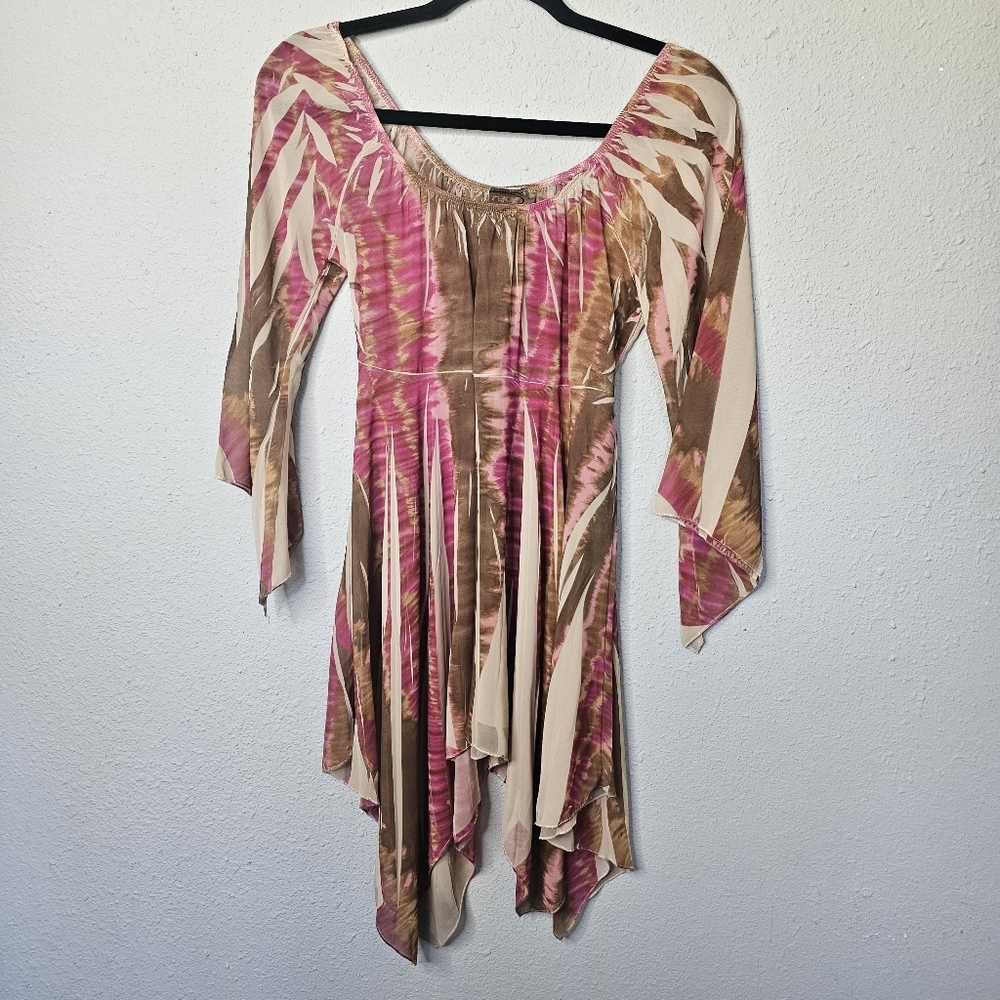 Vtg Rave Top Womens Medium Flowy Asymmetrical Fairy Y2K Babydoll Shirt‎ Pink Tan